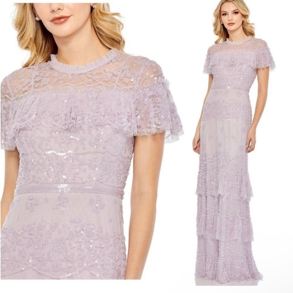 NWT Mac Duggal Embellished Cape Sleeve Lilac 9195 Ruffle Tiered Gown 14 & 16